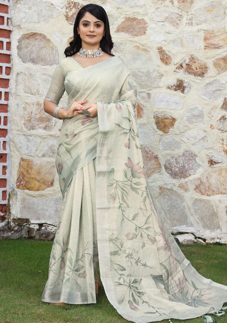 Grey Cotton Saree Set with Printed for Diwali | Wedding & Festive Wear - Indya