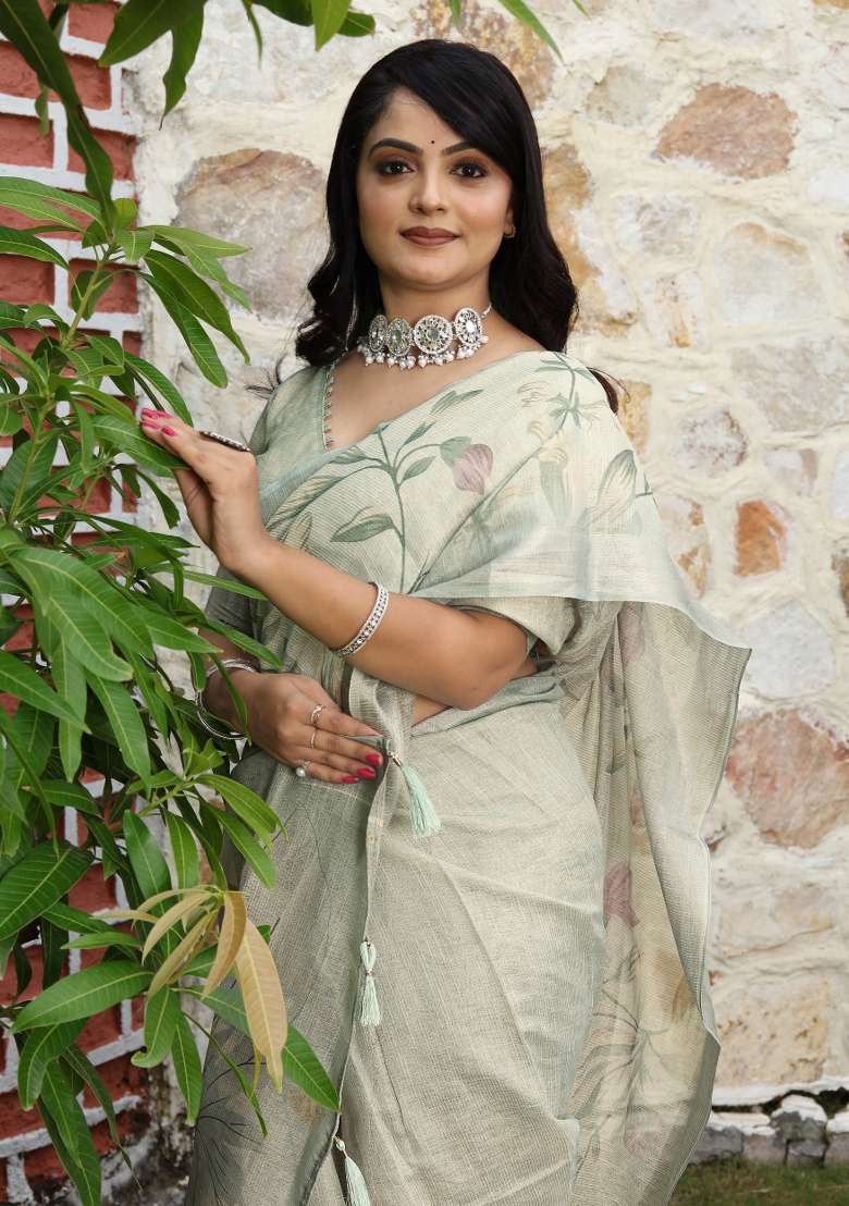 Grey Cotton Saree Set with Printed for Diwali | Wedding & Festive Wear - Indya
