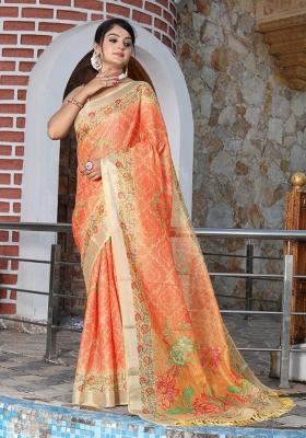 Orange Printed Cotton Saree Set