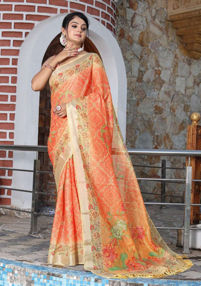 Orange Cotton Saree Set with Printed for Diwali | Wedding & Festive Wear - Indya