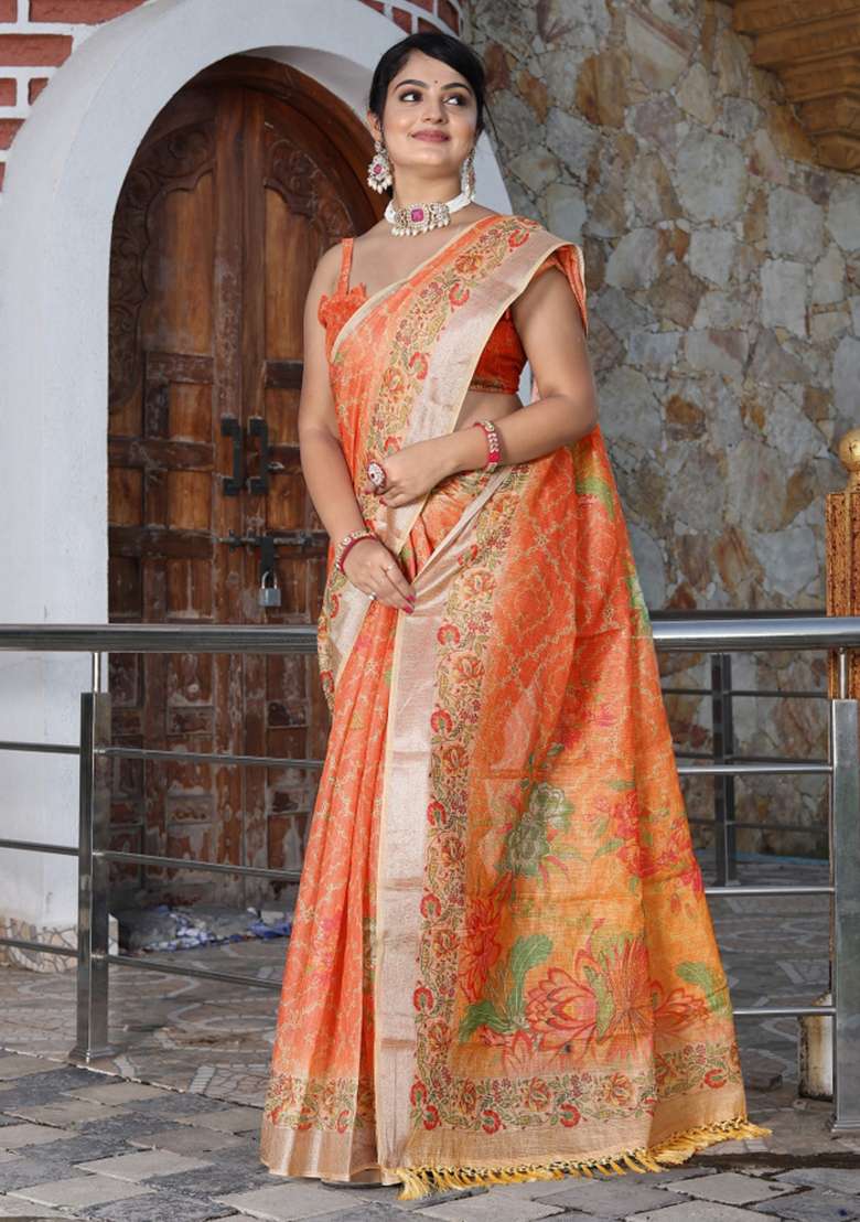 Orange Cotton Saree Set with Printed for Diwali | Wedding & Festive Wear - Indya