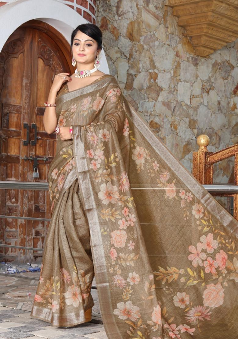 Brown Printed Cotton Saree Set - Indya