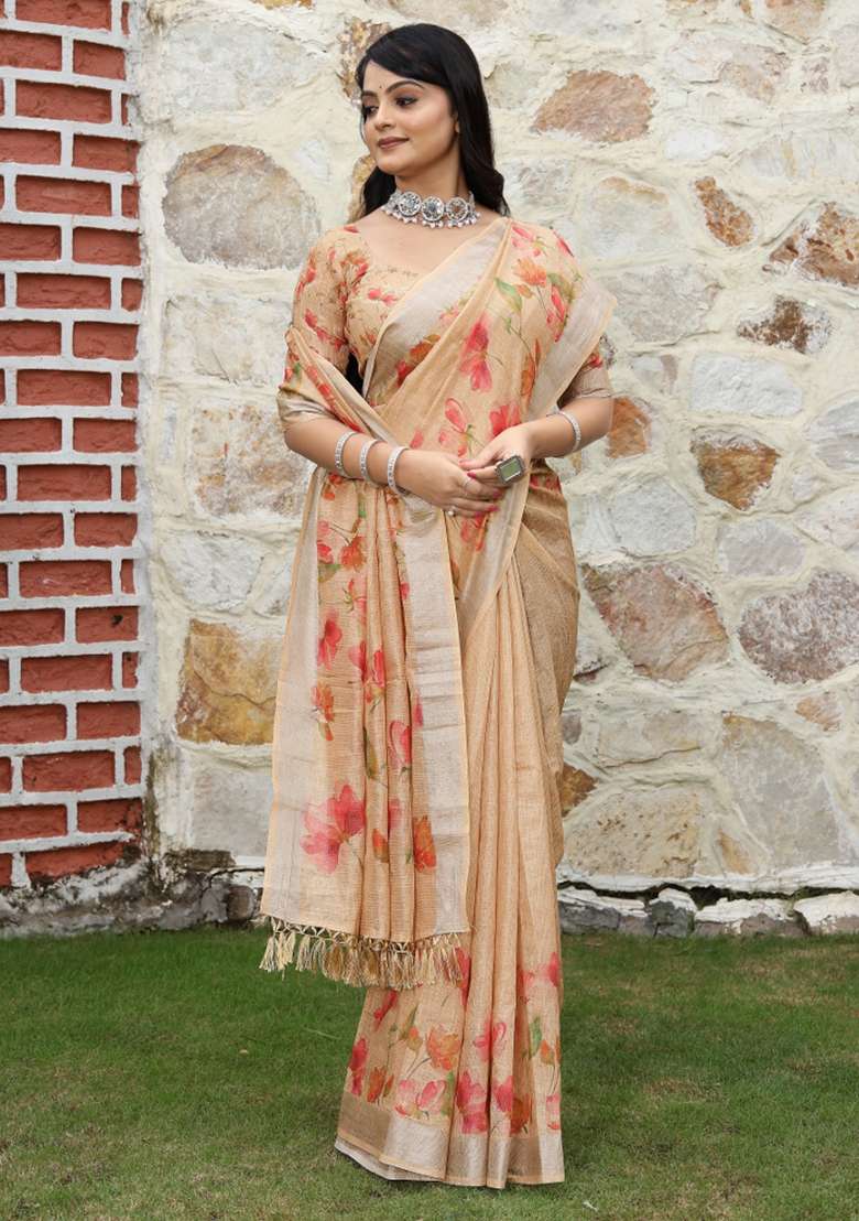 Peach Printed Cotton Saree Set for Diwali and Festive Wear - Indya