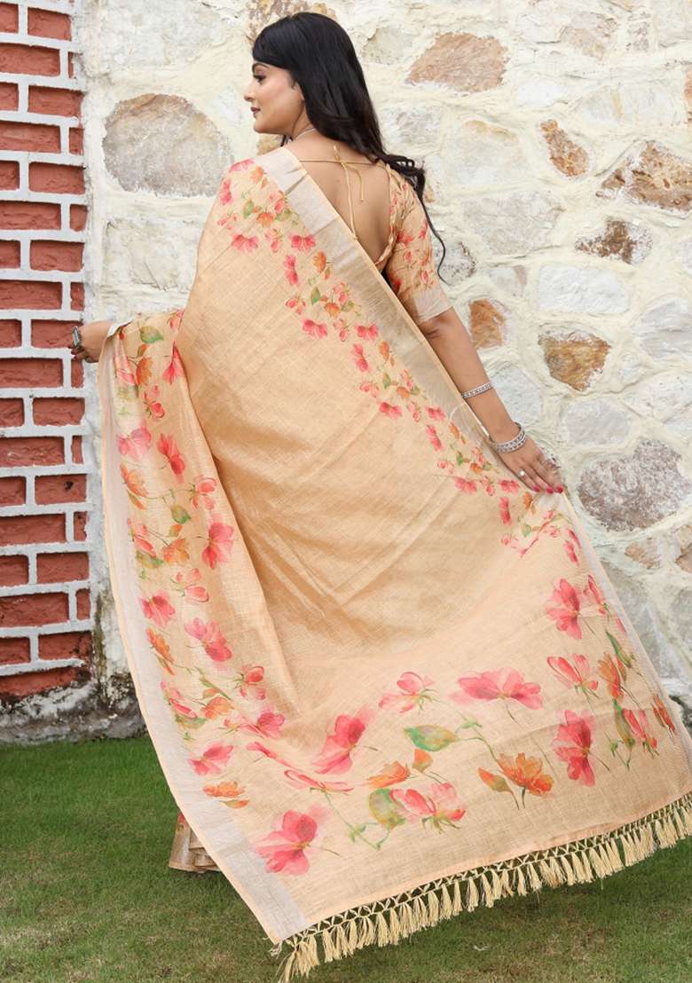 Peach Printed Cotton Saree Set for Diwali and Festive Wear - Indya