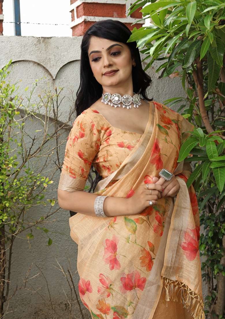 Peach Printed Cotton Saree Set for Diwali and Festive Wear - Indya