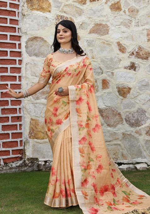 Peach Printed Cotton Saree Set