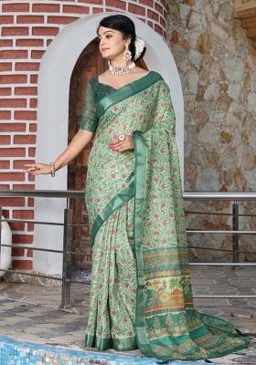 Green Printed Cotton Saree Set