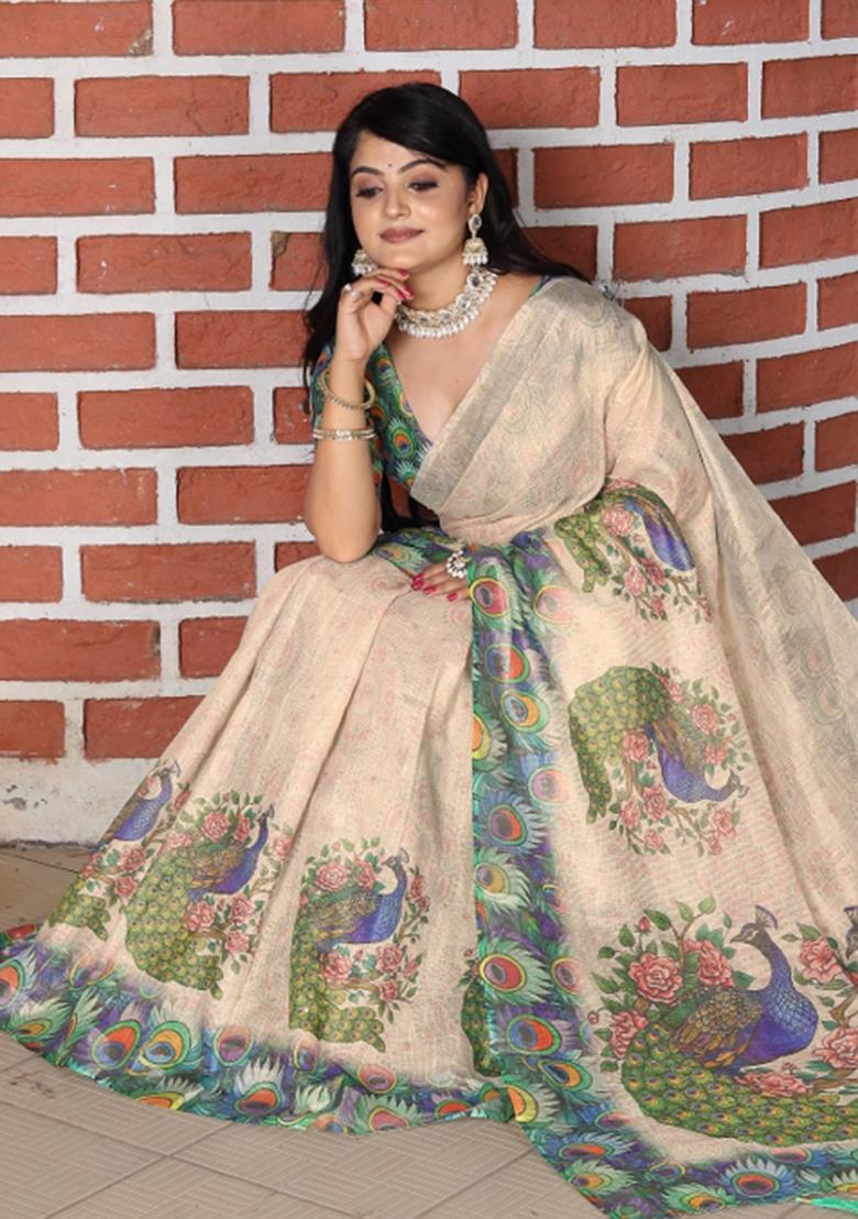 Beige Printed Cotton Saree Set - Indya