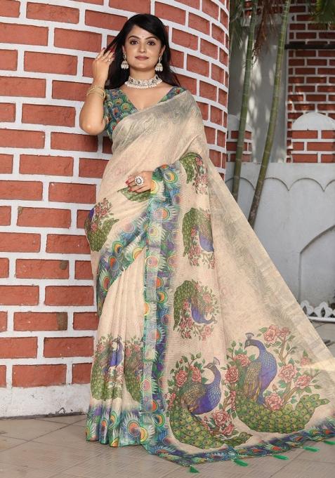 Beige Printed Cotton Saree Set