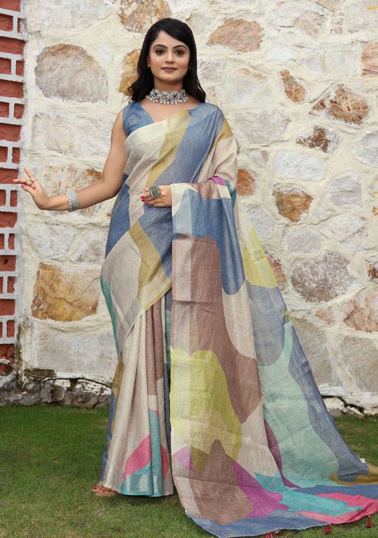 Multi Printed Cotton Saree Set for Diwali and Festive Wear - Indya