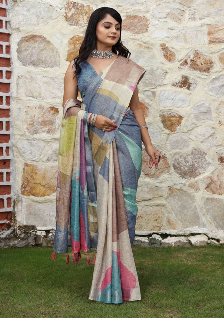 Multi Printed Cotton Saree Set for Diwali and Festive Wear - Indya