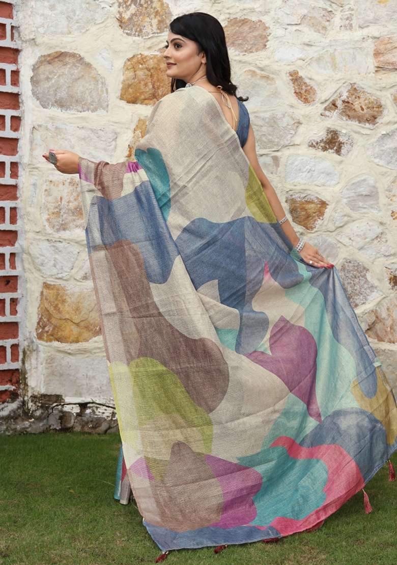 Multi Printed Cotton Saree Set for Diwali and Festive Wear - Indya