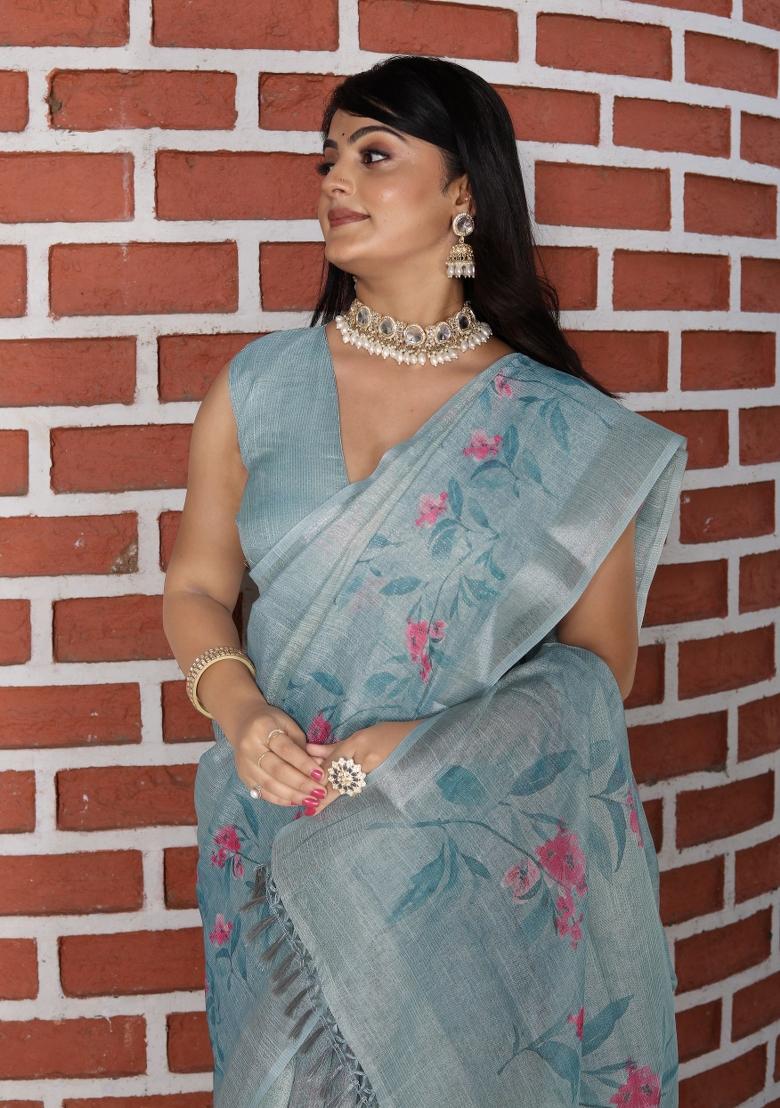 Grey Printed Cotton Saree Set - Indya