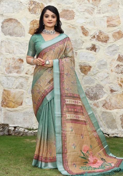 Green Printed Cotton Saree Set