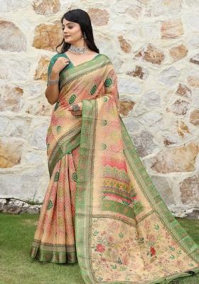 Peach Printed Cotton Saree Set
