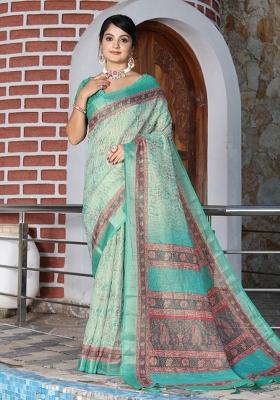 Green Printed Cotton Saree Set