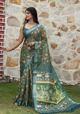 Green Printed Cotton Saree Set