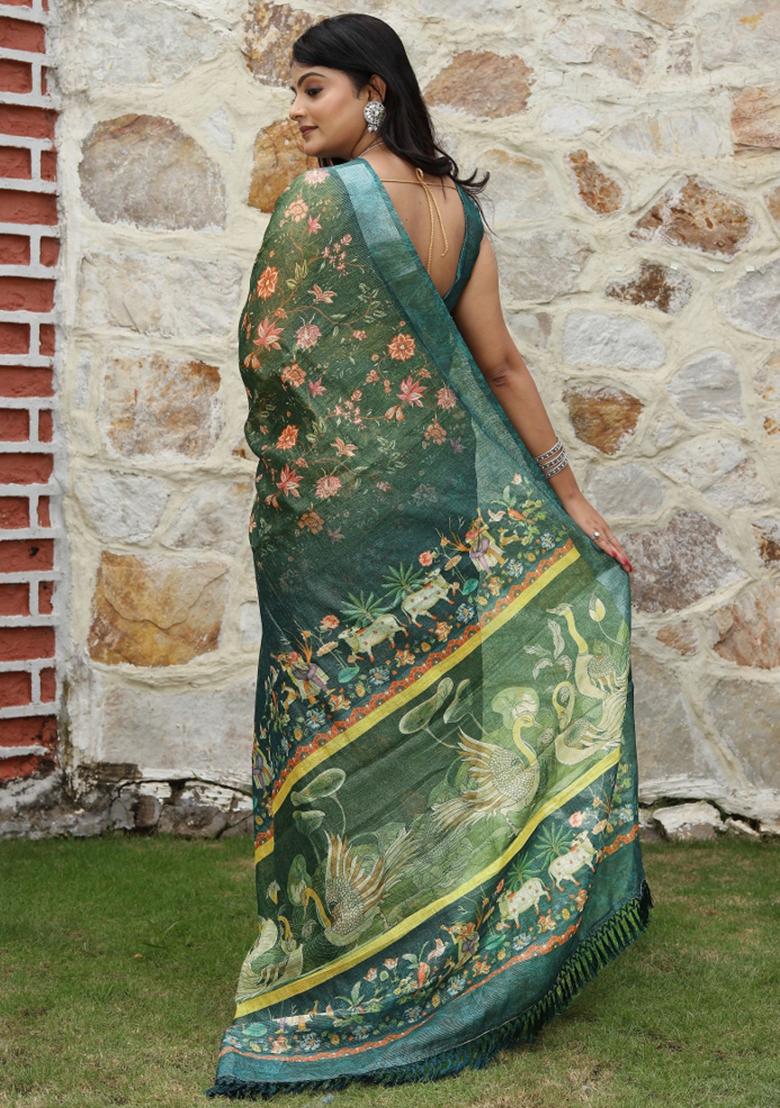 Green Printed Cotton Saree Set