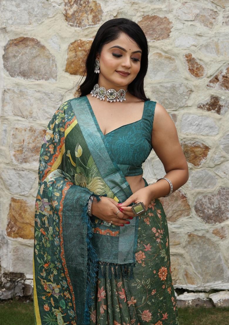 Green Printed Cotton Saree Set - Indya