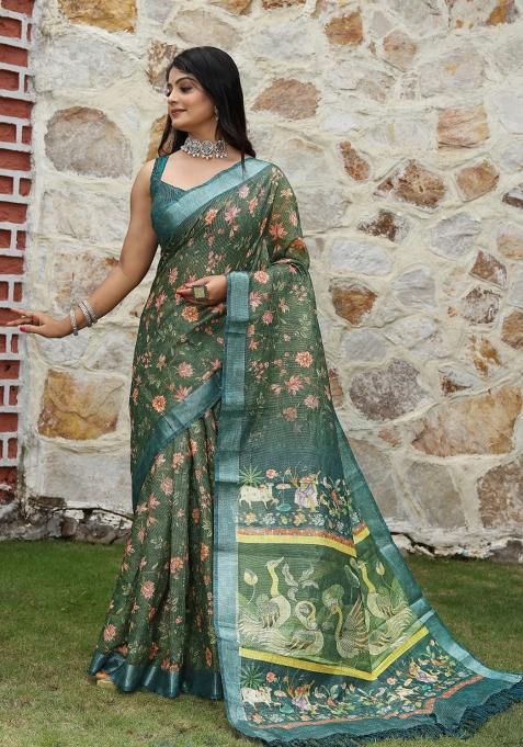 Green Printed Cotton Saree Set