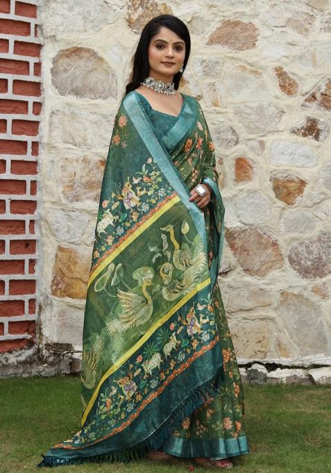 Green Printed Cotton Saree Set