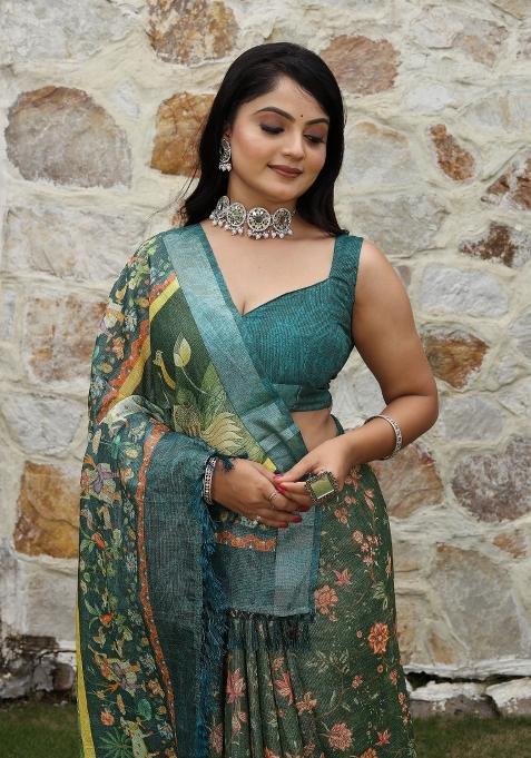 Green Printed Cotton Saree Set