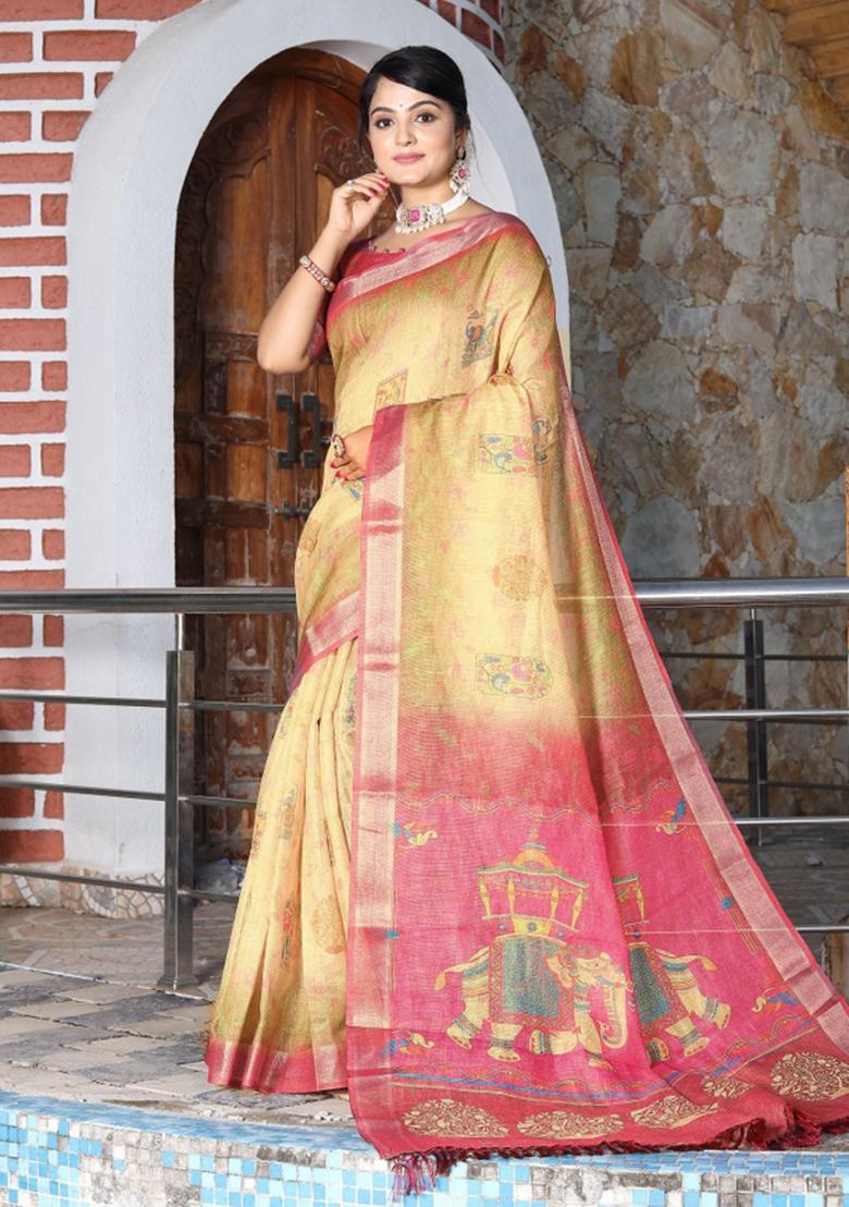 Yellow Printed Cotton Saree Set