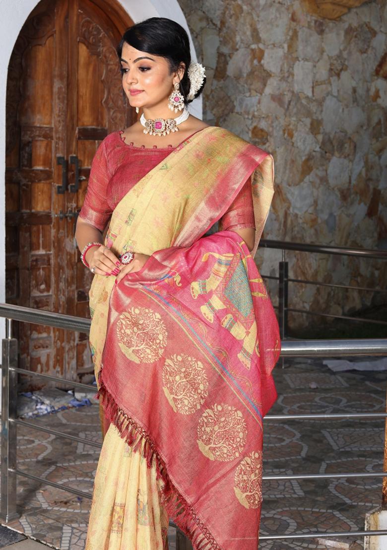 Yellow Printed Cotton Saree Set