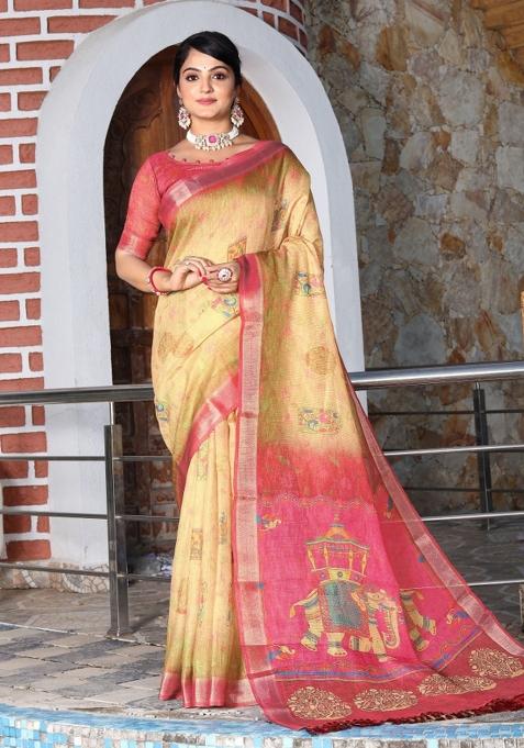 Yellow Printed Cotton Saree Set