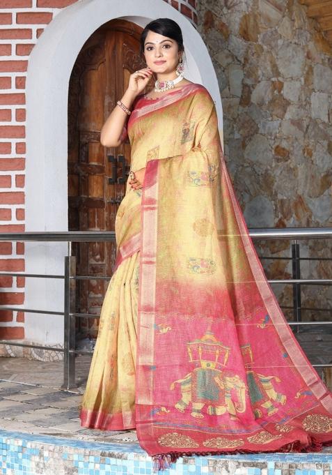 Yellow Printed Cotton Saree Set