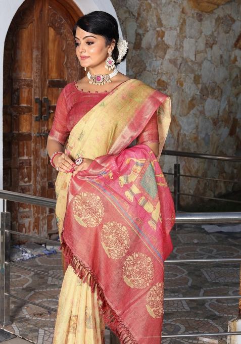 Yellow Printed Cotton Saree Set