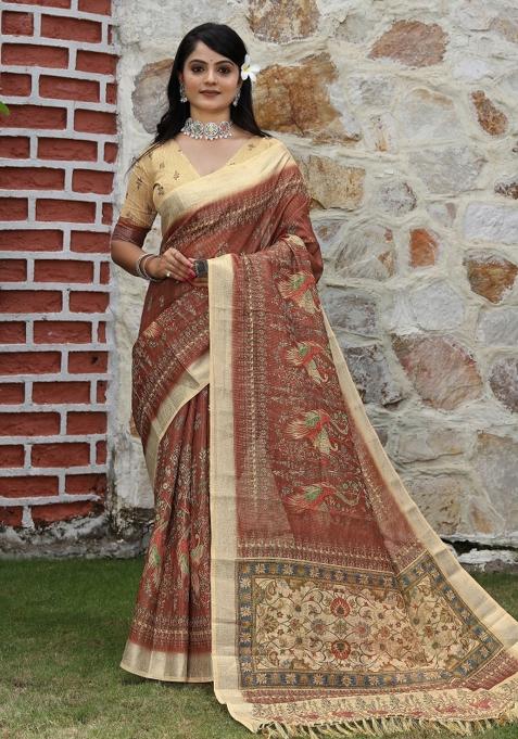 Brown Printed Cotton Saree Set