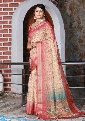 Beige Printed Cotton Saree Set