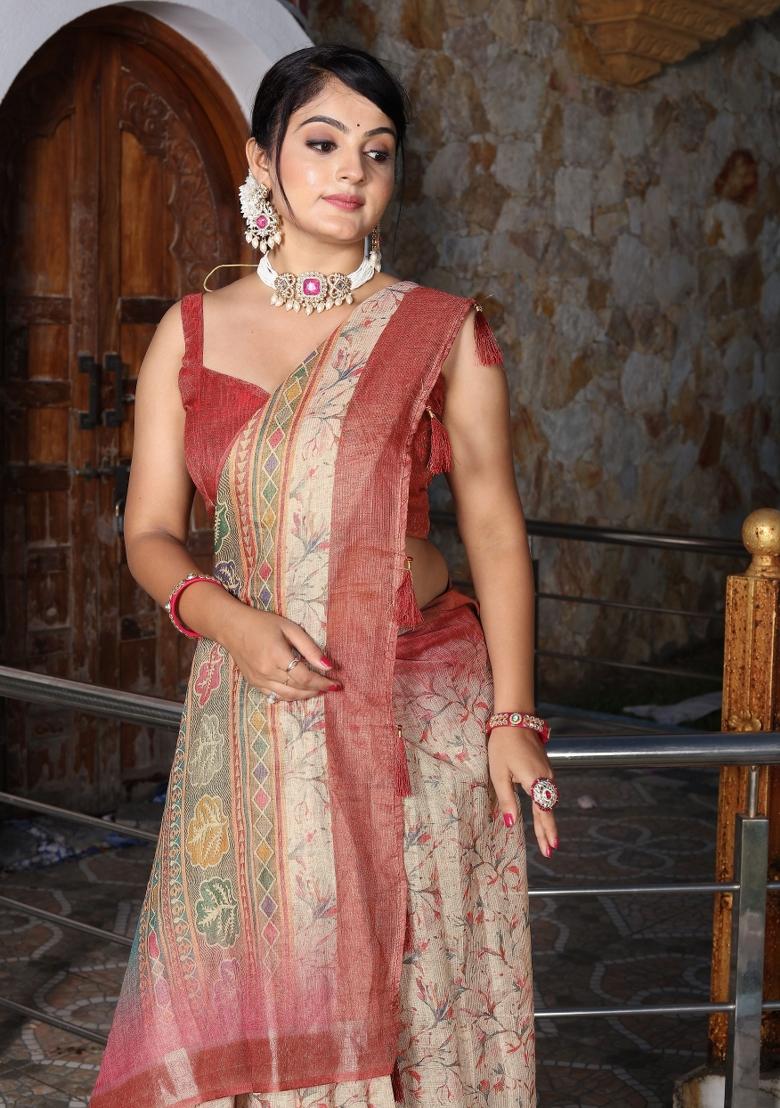 Beige Printed Cotton Saree Set - Indya