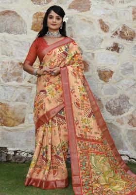 Peach Printed Cotton Saree Set