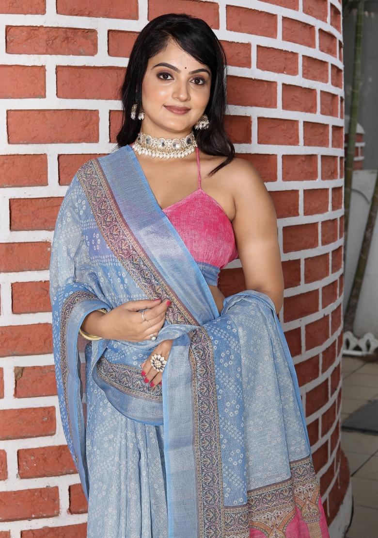 Blue Printed Cotton Saree Set - Indya