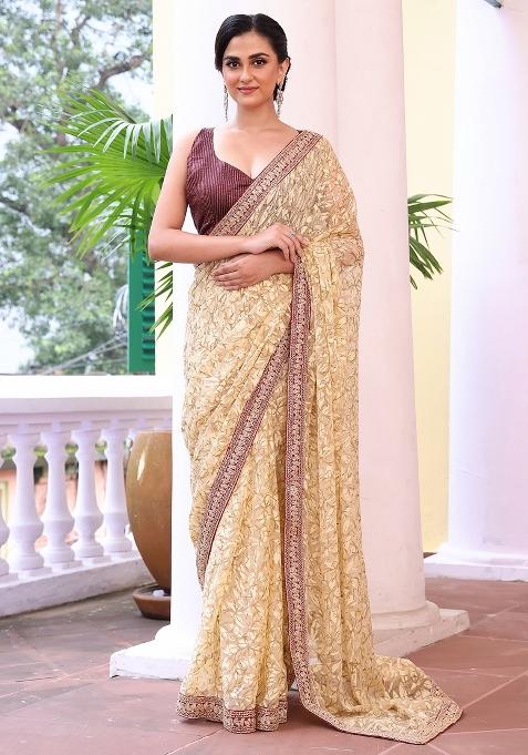 Beige Embroidered Blended Saree Set
