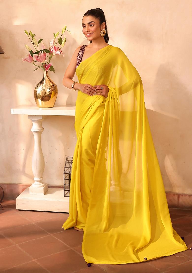 Yellow Solid Sesigner Chiffon Saree Set