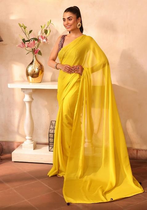 Yellow Solid Sesigner Chiffon Saree Set