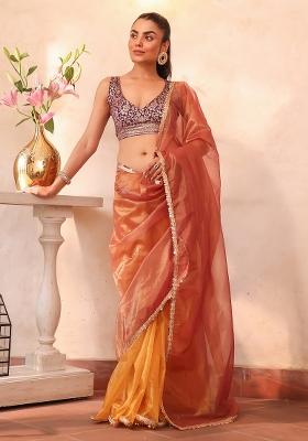 Gold Solid Sesigner Organza Saree Set
