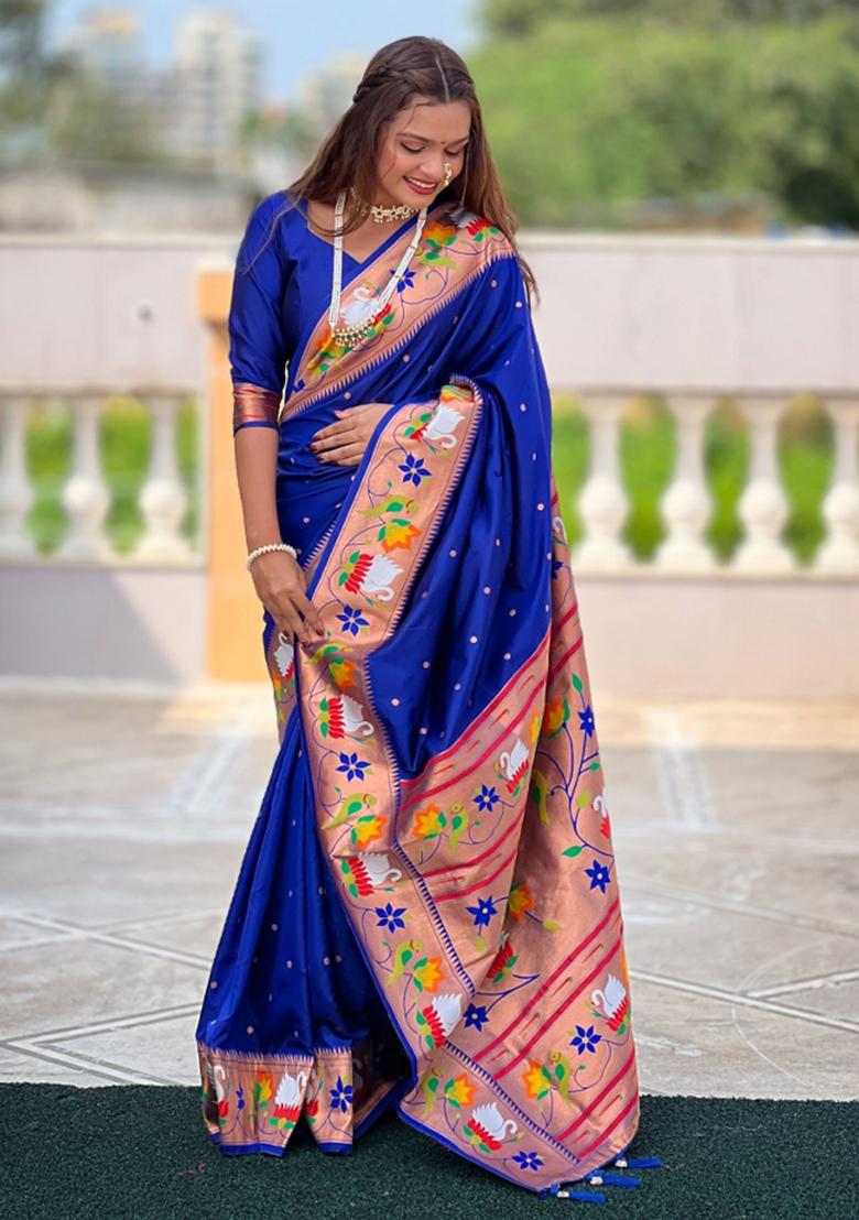 Blue Meenakari Jacquard Designer Silk Saree Set - Indya