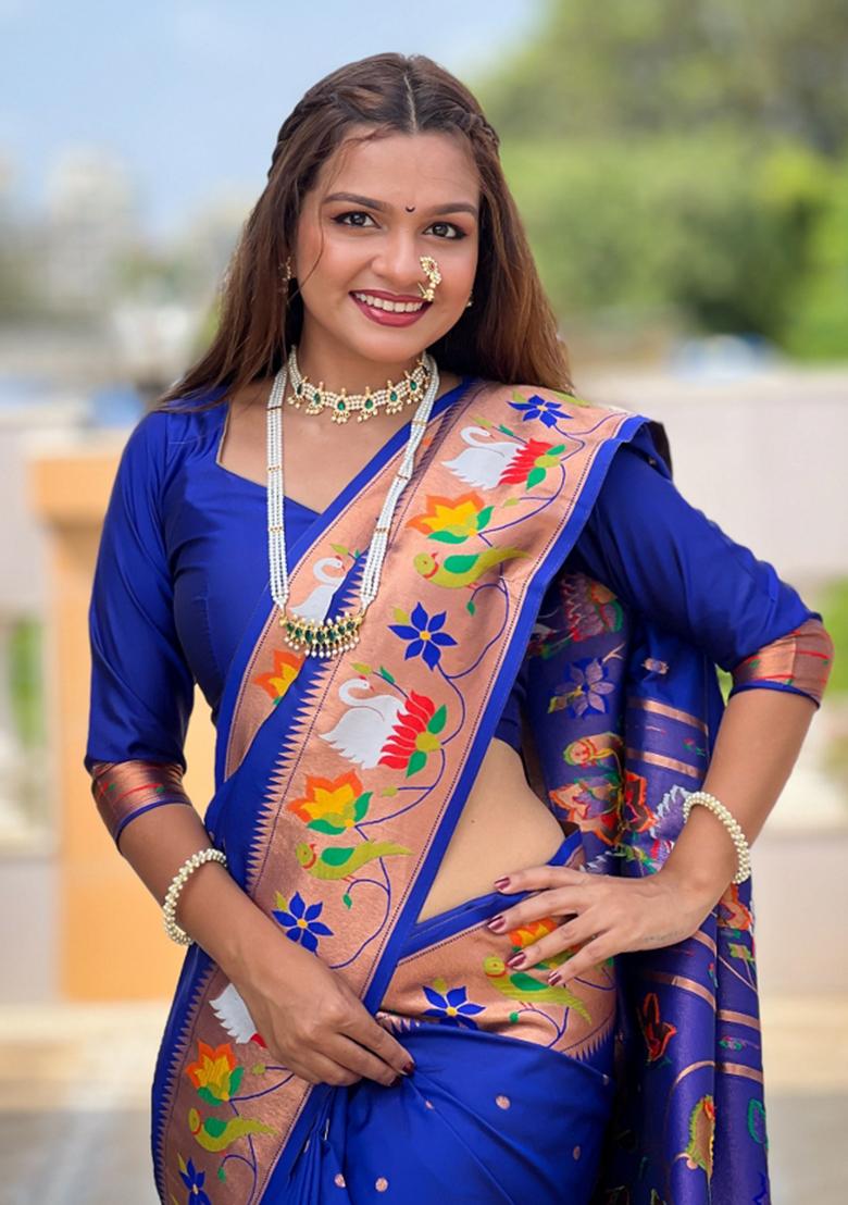 Blue Meenakari Jacquard Designer Silk Saree Set - Indya