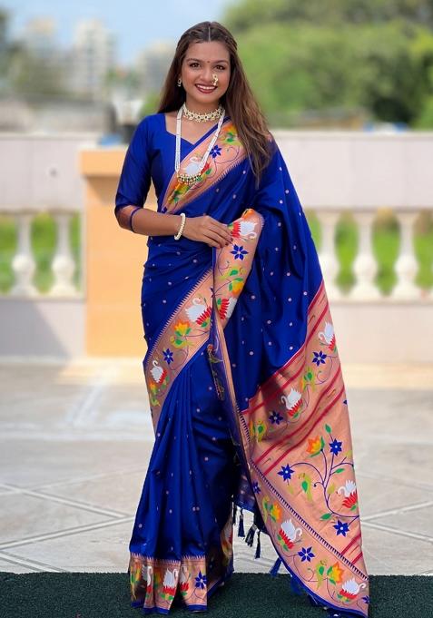 Blue Meenakari Jacquard Designer Silk Saree Set