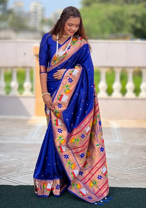 Blue Meenakari Jacquard Designer Silk Saree Set