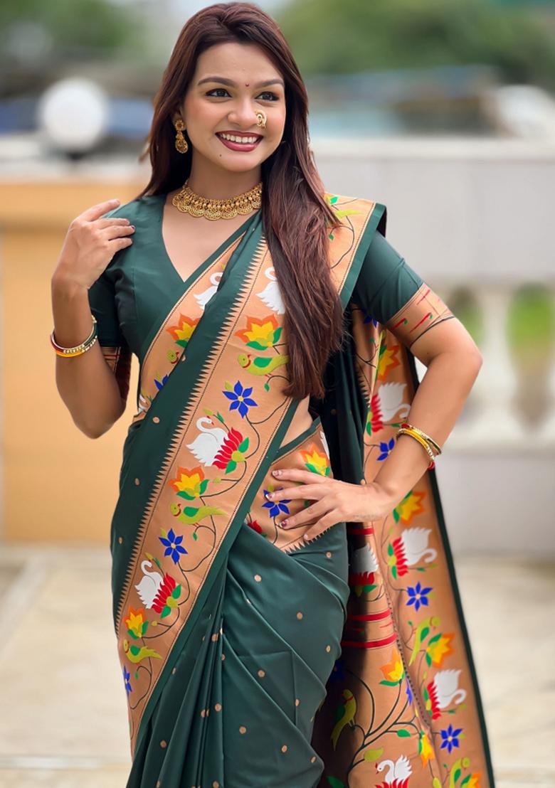 Green Meenakari Jacquard Designer Silk Saree Set - Indya