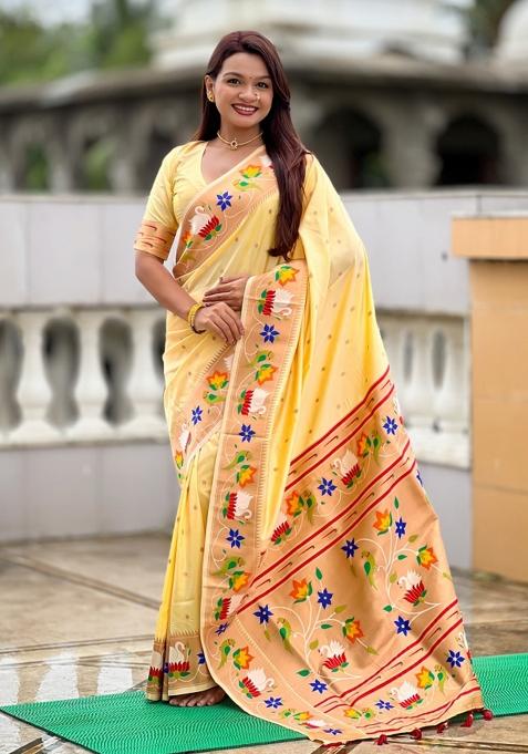 Beige Meenakari Jacquard Designer Silk Saree Set