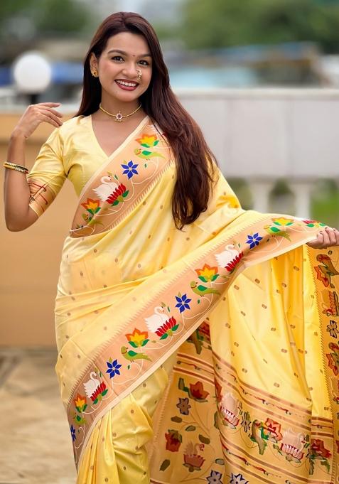 Beige Meenakari Jacquard Designer Silk Saree Set