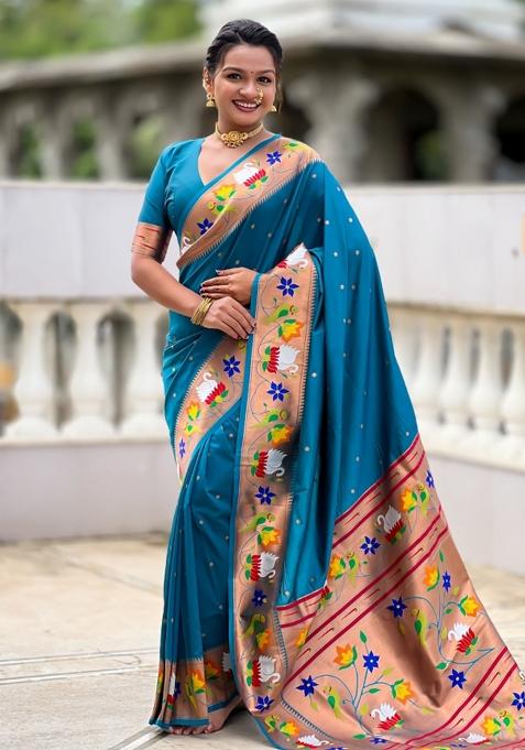 Blue Meenakari Jacquard Designer Silk Saree Set