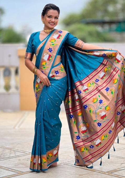 Blue Meenakari Jacquard Designer Silk Saree Set
