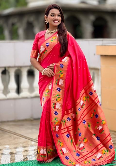 Pink Meenakari Jacquard Designer Silk Saree Set